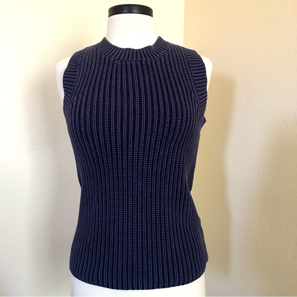 Sleeveless Dark Blue Knit Sweater Tank, Size L